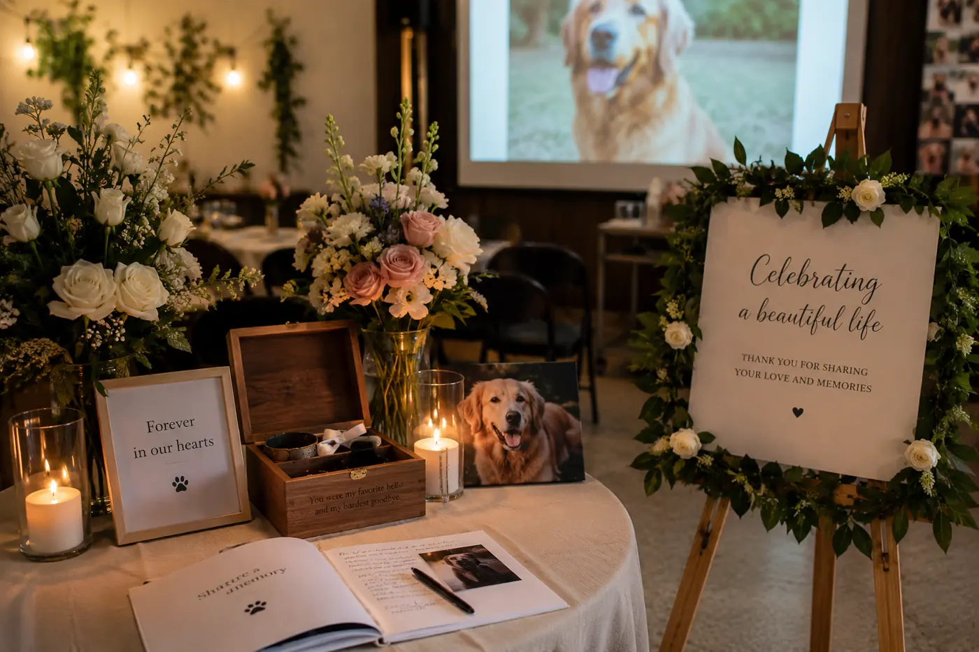 Pet Celebration of Life memorial setup with photos and personal details in Toronto