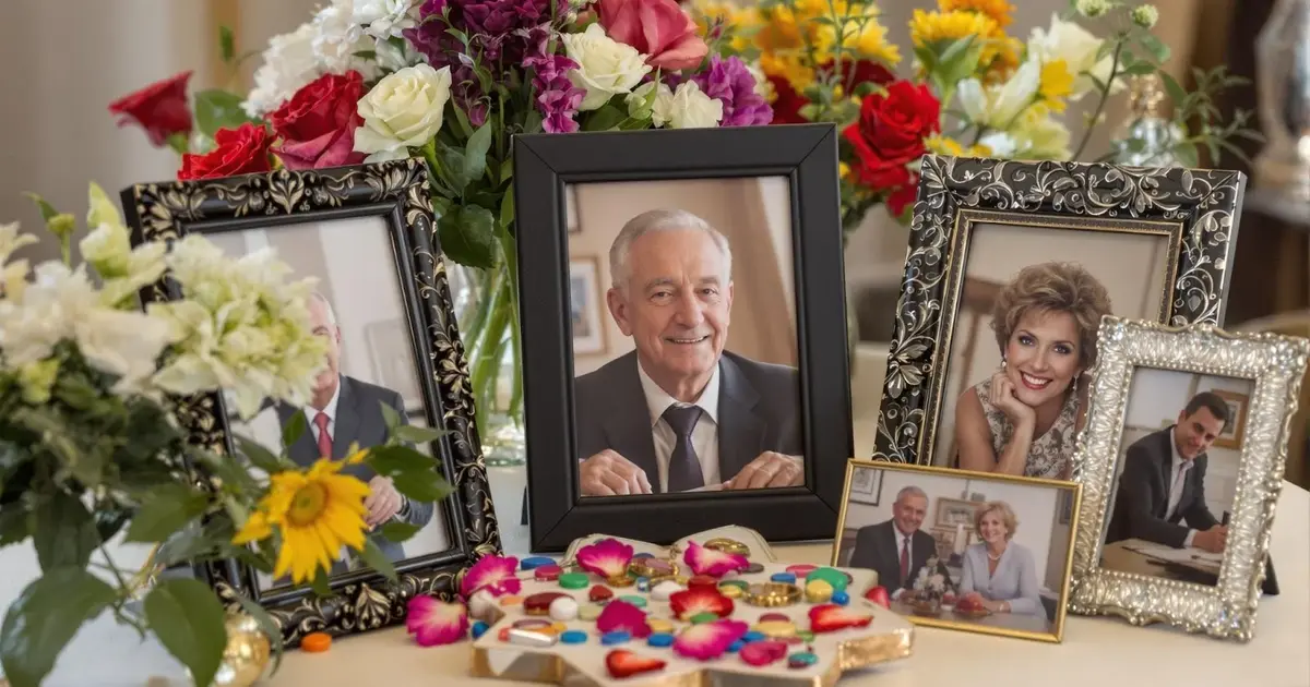 Framed photographs and colourful flowers arranged on a Celebration of Life tribute table